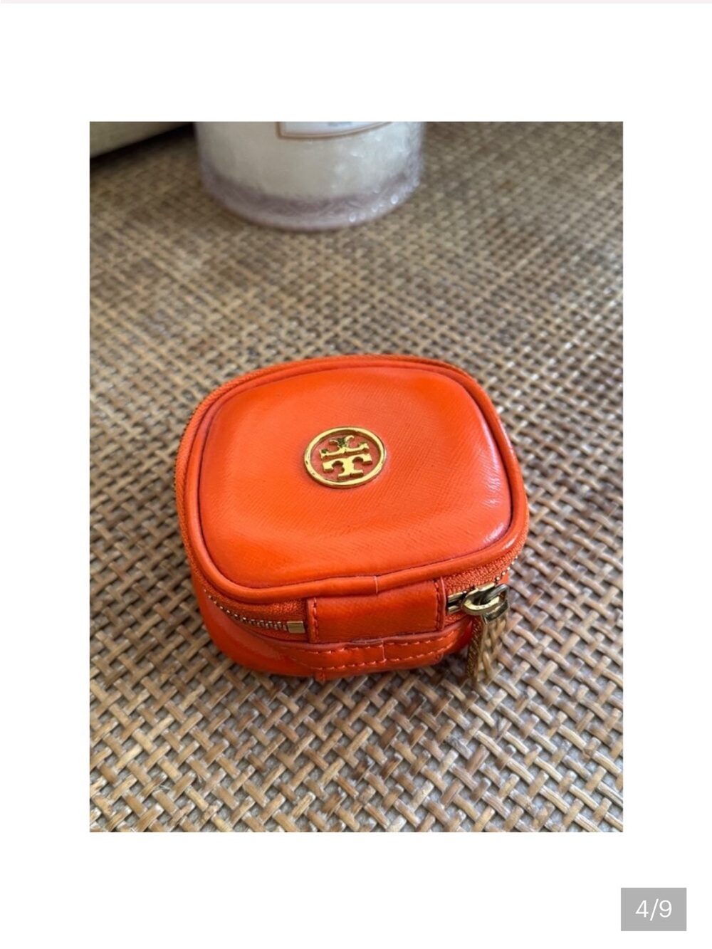 Tory Burch Bright 💕Orange Leather Travel Jewelry Case with Gold Logo EUC